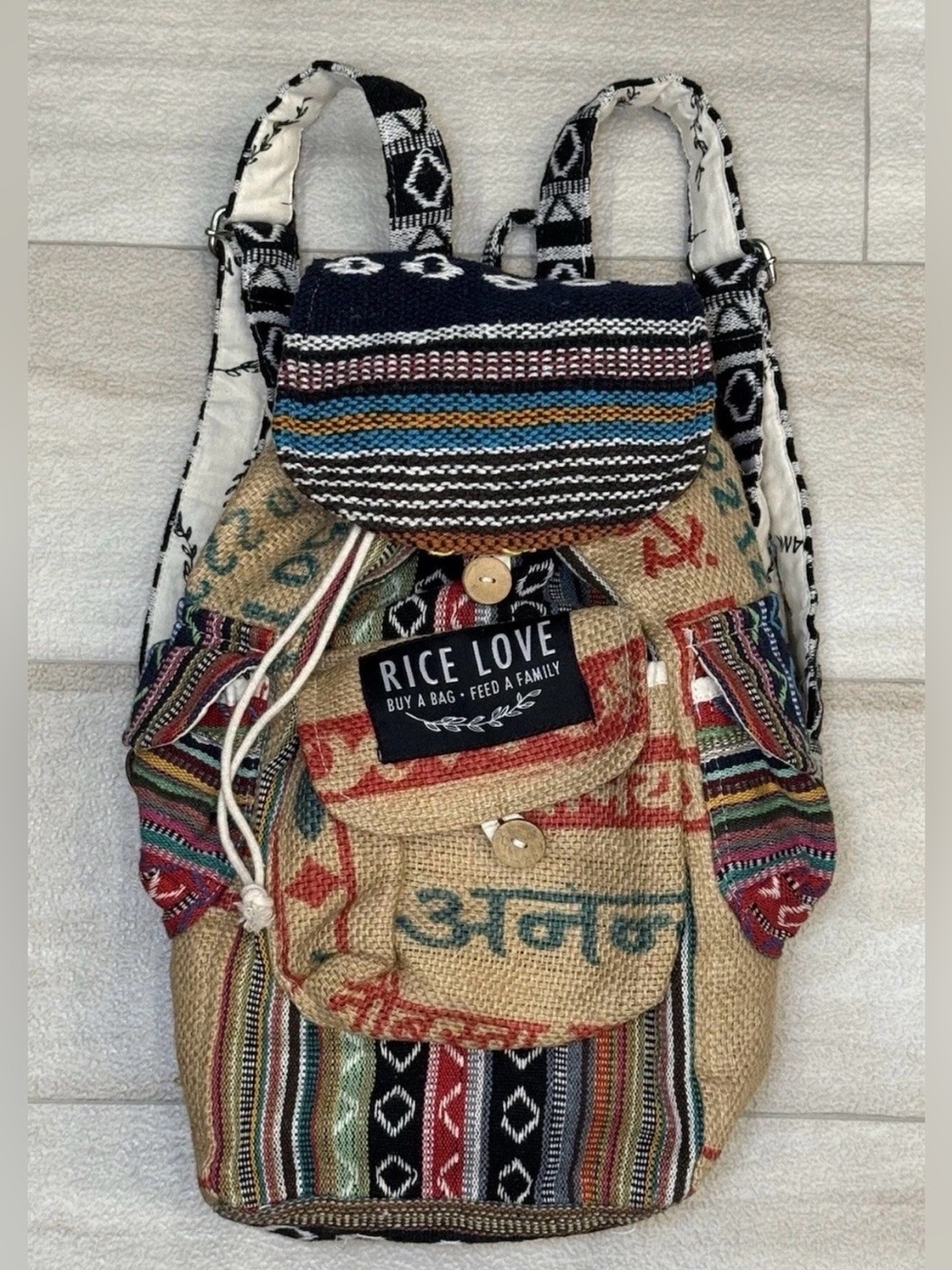 Rice Love Backpack Buy A Bag Feed A Family Recycled Travel Handmade Boho Hobo